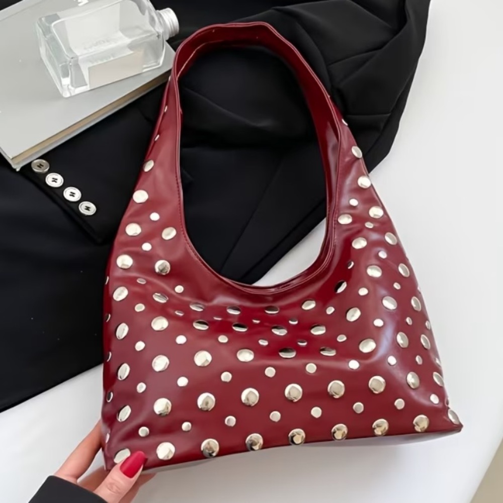 Women’s Red Studded Handbag or Shoulder Bag Slick Faux Leather NWT